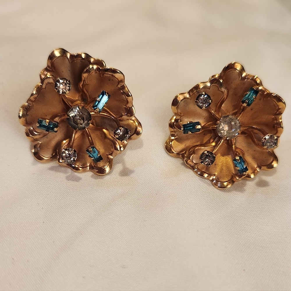 Vintage Statement Gold and Blue Floral Earrings
